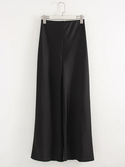 Black wide-leg high-waisted pants flat lay on white background, full length front view