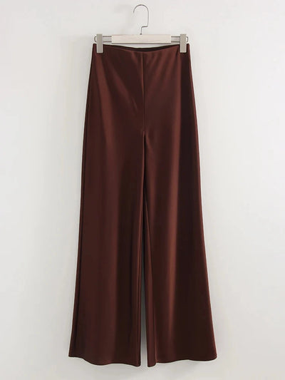 Maroon wide-leg high-waisted satin pants flat lay on white hanger background