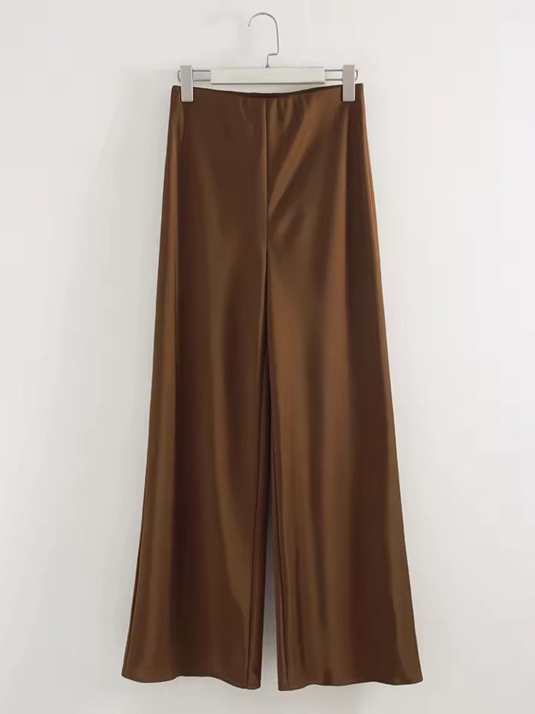 Caramel high-rise wide-leg satin pants flat lay on white background hanger