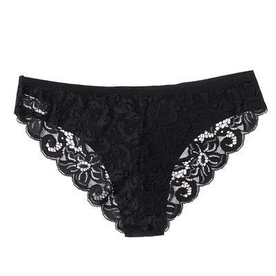 Black floral lace bikini panty displayed flat on white background, full front view