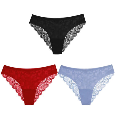 Three satin panties with floral lace trim in black, red and periwinkle blue on white background