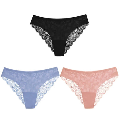 Three satin floral lace panties in black, periwinkle blue and blush pink on white background
