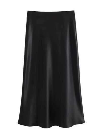 Black satin bias-cut midi skirt flat lay on white background showing A-line silhouette