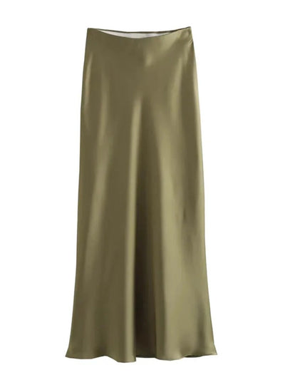 Olive green satin bias-cut midi skirt flat lay on white background showing high-shine finish