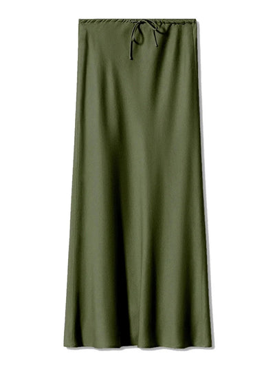 Drawstring-Waist Red Midi Satin Skirt