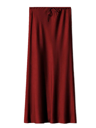 Drawstring-Waist Red Midi Satin Skirt