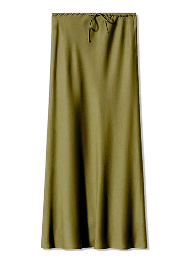 Drawstring-Waist Red Midi Satin Skirt