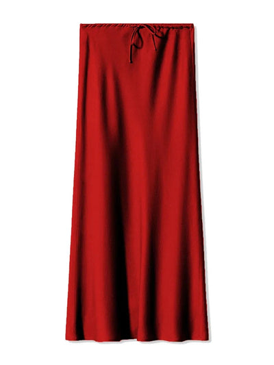 Drawstring-Waist Red Midi Satin Skirt