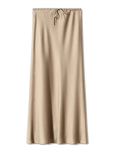 Drawstring-Waist Red Midi Satin Skirt