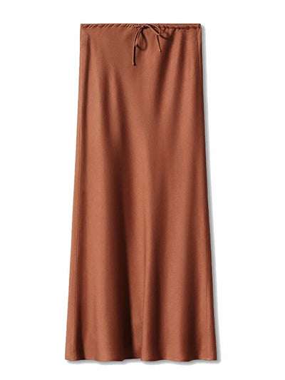 Drawstring-Waist Red Midi Satin Skirt