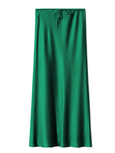 Drawstring-Waist Red Midi Satin Skirt