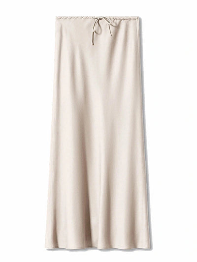 Flat lay of champagne satin midi skirt with drawstring gathered waist, no model