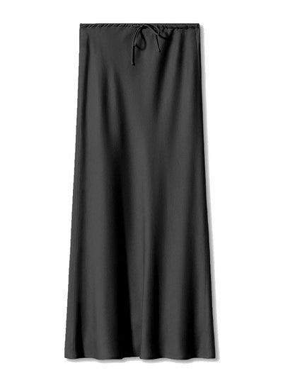 Flat lay of black satin midi skirt with drawstring waist, A-line silhouette, no model