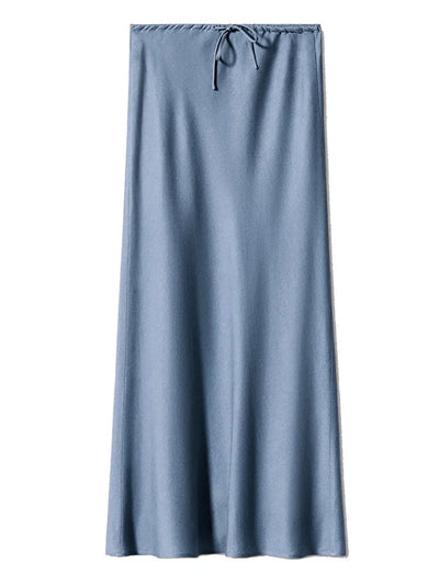 Drawstring-Waist Red Midi Satin Skirt