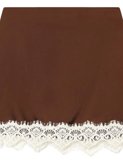 Flat lay of chocolate brown mini skirt with contrasting ivory scalloped lace hem