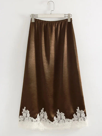 Velvet Lace-Hem Midi Satin Skirt