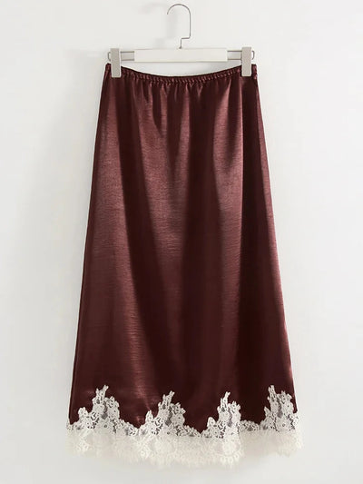Velvet Lace-Hem Midi Satin Skirt