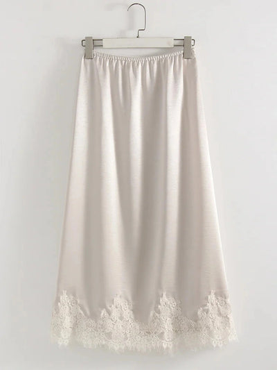 Velvet Lace-Hem Midi Satin Skirt