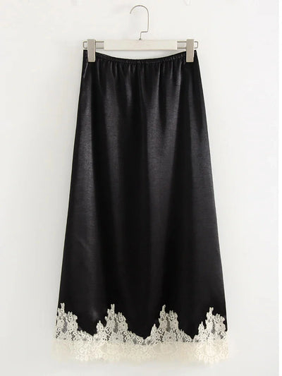 Velvet Lace-Hem Midi Satin Skirt