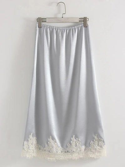 Velvet Lace-Hem Midi Satin Skirt