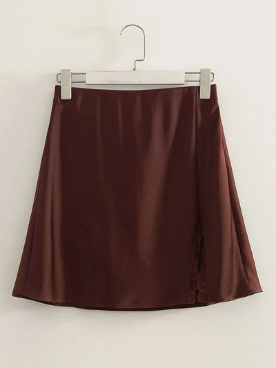 Lace-Split Black Mini Satin Skirt