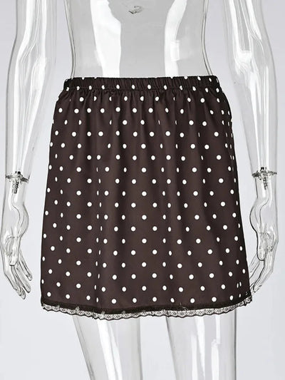 Brown Polka Dot Lace-Hem Mini Satin Skirt