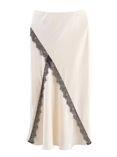 White Lace-Trim Midi Satin Skirt