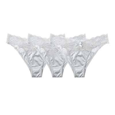 Three identical white satin lace-trim bikini panties displayed flat on white background