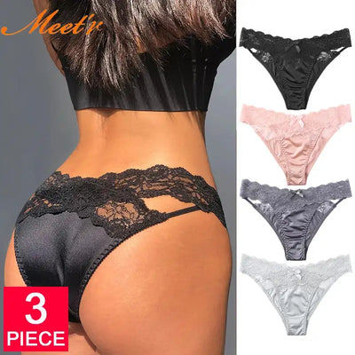 Model wearing black satin bikini panties with lace waistband, back and color variant view
