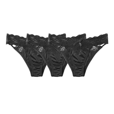 Three identical black satin lace-trim bikini panties displayed flat on white background