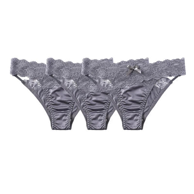 Three identical gray satin lace-trim bikini panties displayed flat on white background