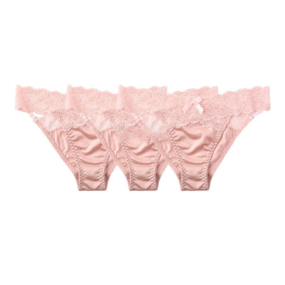 Three identical blush pink satin lace-trim bikini panties displayed flat on white background