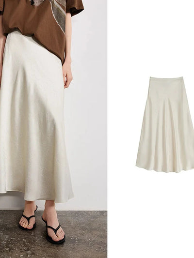 Side and flat-lay view of ivory crinkled satin A-line midi skirt with black sandals