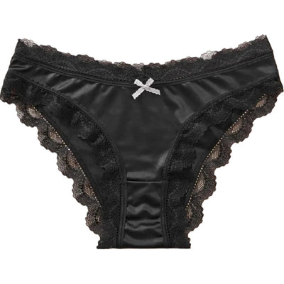 Black satin bikini panties with black scalloped lace trim and white ribbon bow, flat lay front view
