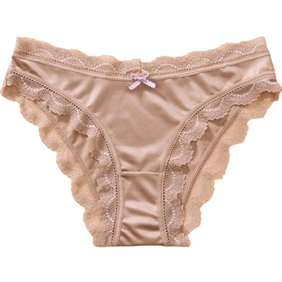Nude satin bikini panties with scalloped lace trim and ribbon bow, flat lay front view