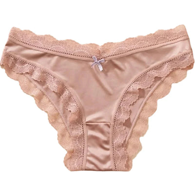 Nude satin bikini panties with wide ruffled scalloped lace trim, flat lay front view