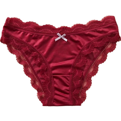 Burgundy satin bikini panties with matching scalloped lace trim, flat lay front view