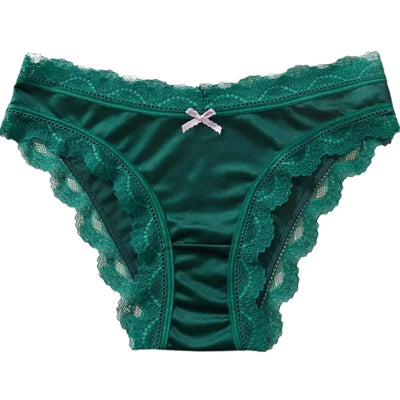 Teal satin bikini panties with teal scalloped lace trim and ribbon bow, flat lay front view
