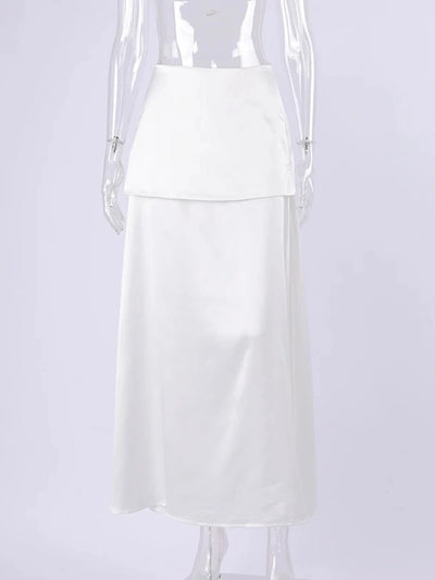 White double-layer high-waist maxi satin skirt displayed on clear mannequin, full front view