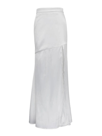 White mermaid satin maxi skirt product flat, front view showing diagonal panel seaming