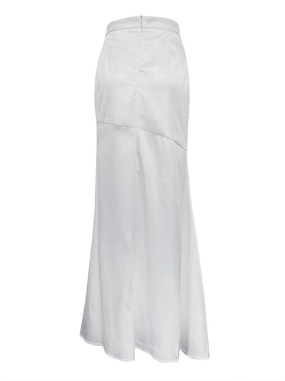 White mermaid satin maxi skirt product flat, back view showing concealed zipper closure