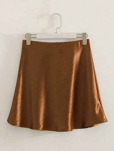 Crinkled Champagne A-Line Mini Satin Skirt