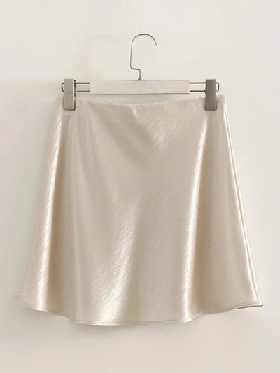 Crinkled Champagne A-Line Mini Satin Skirt
