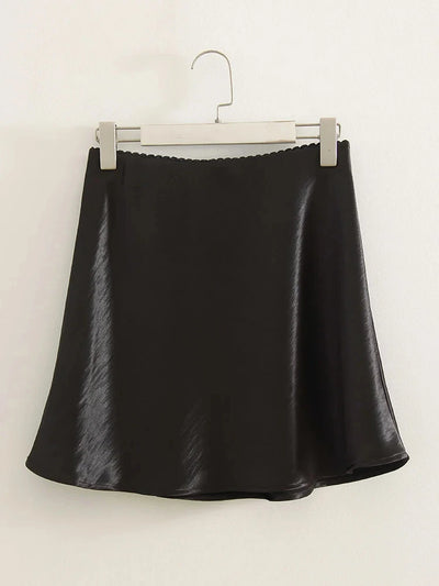 Crinkled Champagne A-Line Mini Satin Skirt