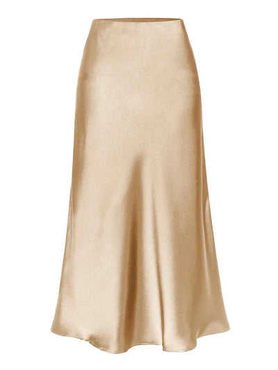 Gray Side-Slit Midi Satin Skirt