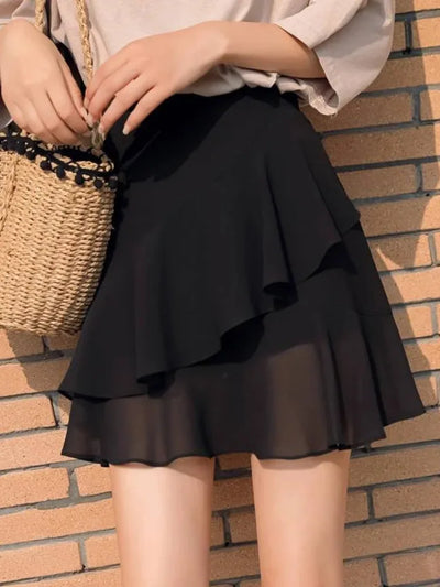 Close-up of black chiffon skirt showing offset ruffle detail and transparent hem layer