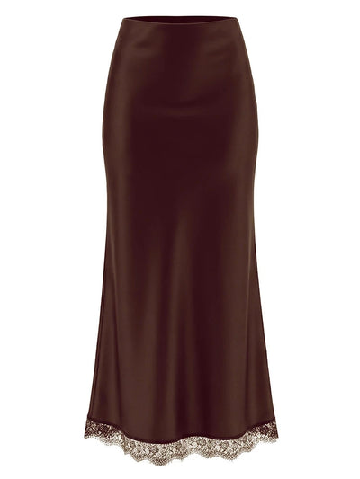Lace-Trim High-Waist Midi Satin Skirt