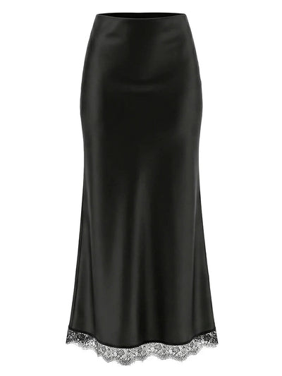 Lace-Trim High-Waist Midi Satin Skirt