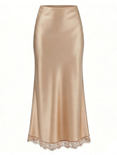 Lace-Trim High-Waist Midi Satin Skirt