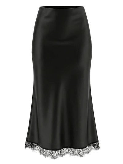 Lace-Trim High-Waist Midi Satin Skirt